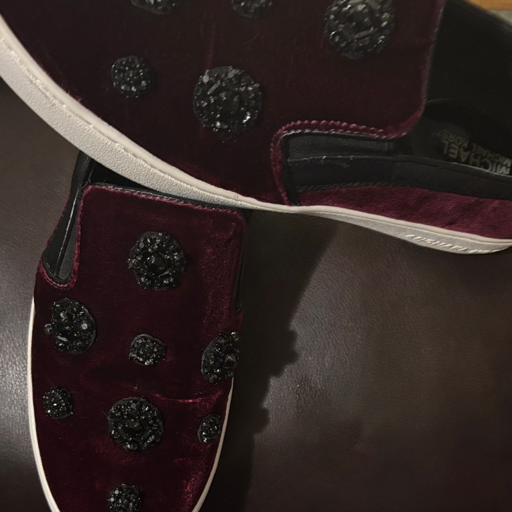 Michael Kors Dark Red Velvet Slip-Ons with Black Accents - tiny wears - Picture 11 of 13